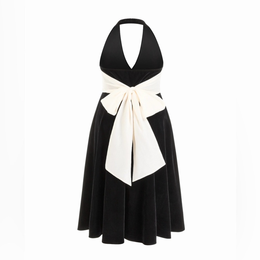 Velvet V-Neck Two Tone Bowknot Tieback Dress
